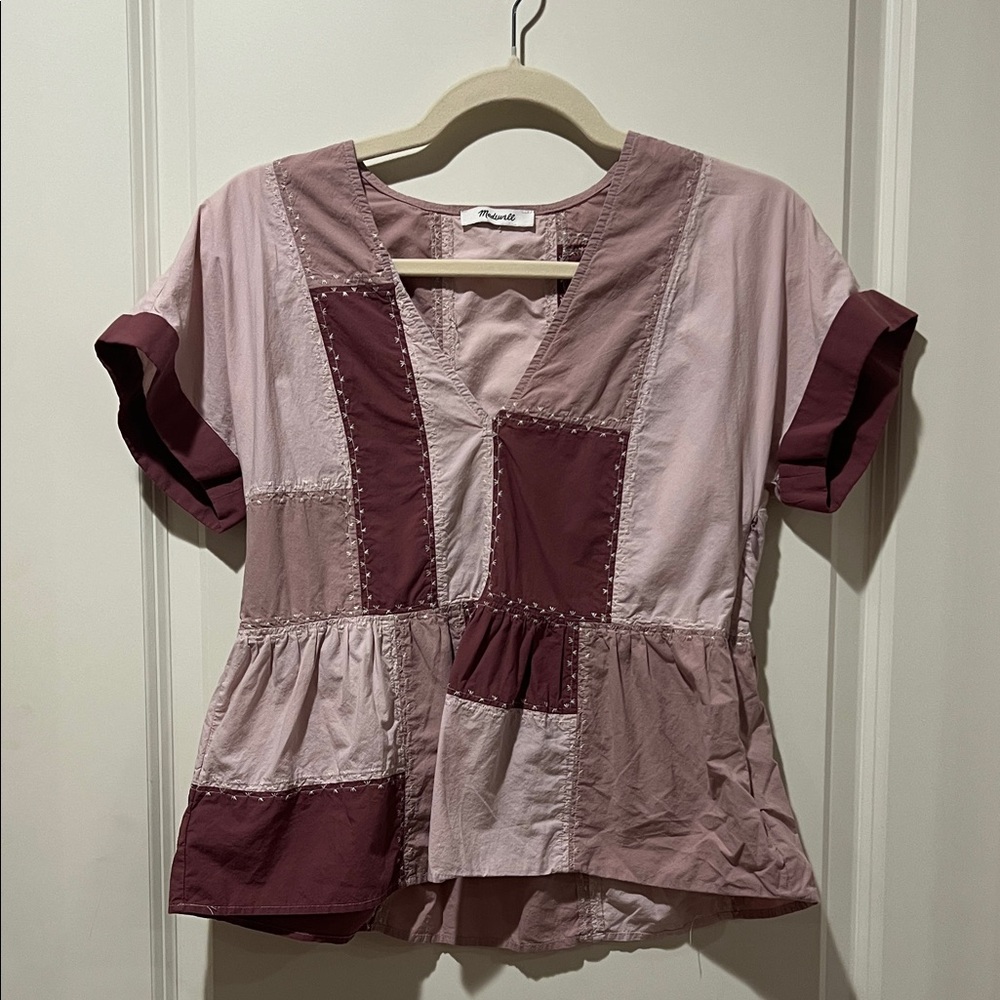 Madewell Patchwork V-Neck Blouse - Pink and Burgundy